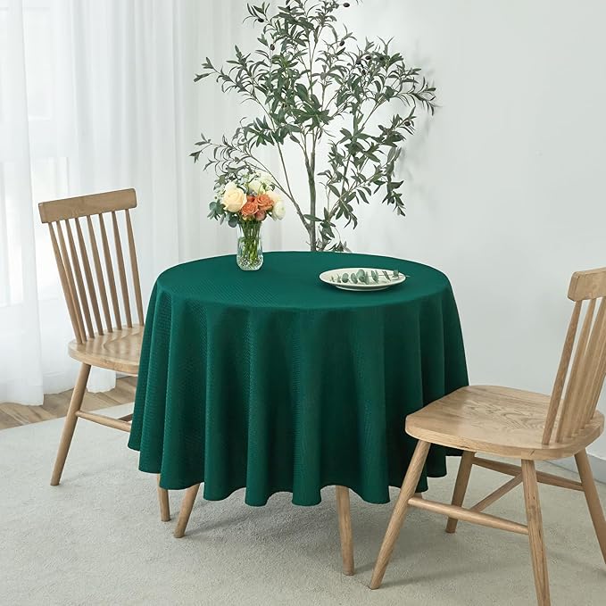 maxmill Round Tablecloth Weaved Texture Design Spill-Proof Wrinkle Free Soft Christmas Table Cloth for Circular Table Cover, for Dining Room Banquet Parties Holiday Dinner, 90 Inch Hunter Green