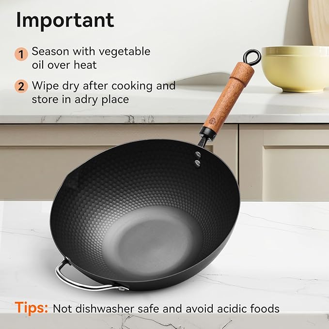 WANGYUANJI 12.6 Inch Iron Wok with Glass Lid and Iron Spatula, Flat Bottom Carbon Steel Wok Pan with Helper Handle, Non-Coated Stir Fry Pan for Induction, Gas and Electric Stoves