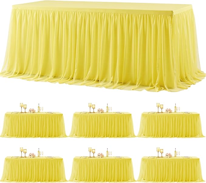 6 Pack Yellow Tulle Tablecloth for 6 Foot Rectangular Tables 6ft Yellow Rectangle Table Cloths Wrinkle Free Table Cover with Tutu Skirt for Birthday Cocktail Banquet Buffet Lemon Fruit Party Decor