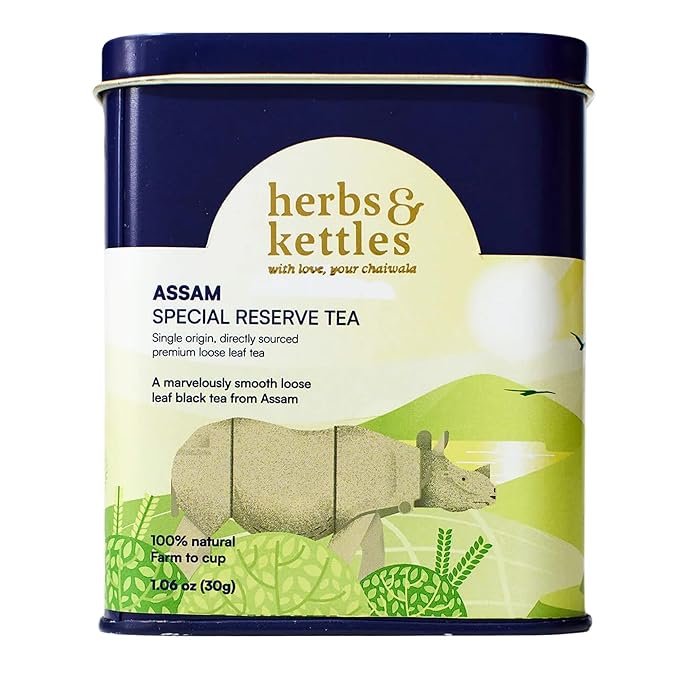 Herbs & Kettles Assam Special Reserve Tea | Single-Origin Tippy Assam Loose Leaf Black Tea | Premium Whole Leaf with Honey, Malt, Cacao & Oak Notes | Antioxidant-Rich, Supports Immunity, Focus & Digestive Health | 10–12 Servings, 20–30 Cups | Premium L...
