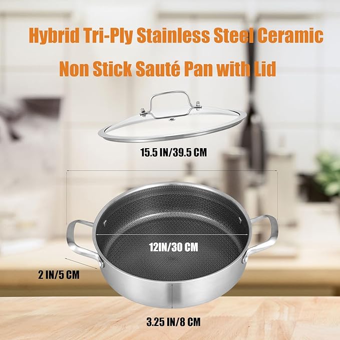 Inqibee 6 QT Hybrid Tri-Ply Stainless Steel Non Stick Sauté Pan with Lid,12 Inch Induction Deep Frying Pan,Large Skillet,Brazier,Dishwasher and Oven Safe