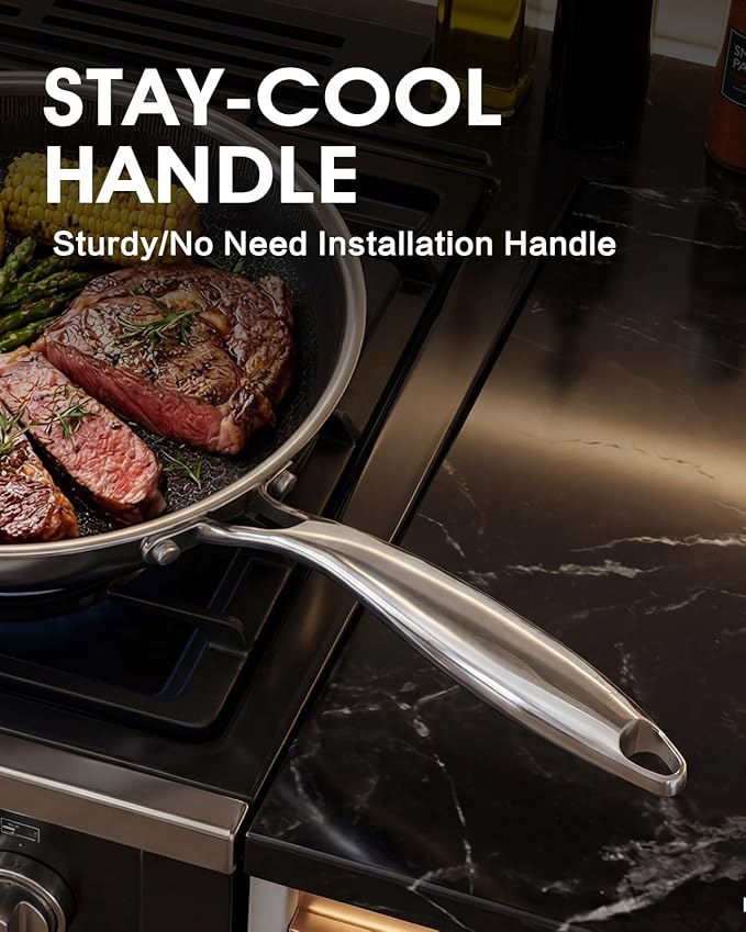 12 Inch Frying Pan Non Stick with Stainless Steel Lid, Hybrid Nonstick Stainless Steel Skillet Frying Pan, Dishwasher and Oven-Safe Chef Pan, Induction Compatible Cooking Pan, PFOA Free Cookware