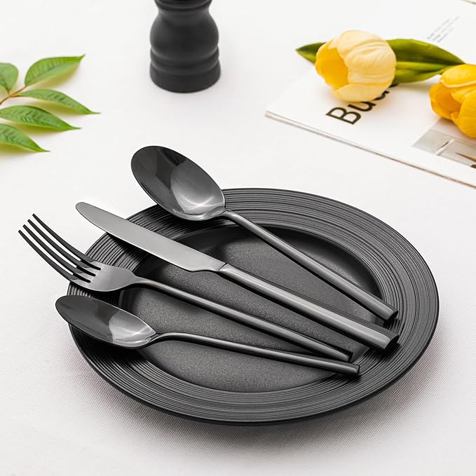KINGSTONE Black Silverware Set, 40-Piece Forged Flatware Set Cutlery Set Premium Stainless Steel, Service for 8, for Kitchen, Home, Wedding, Party, Mirror Polished and Dishwasher Safe