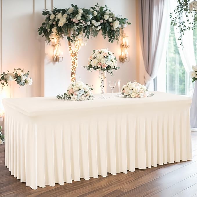 2 Packs Ivory Spandex Table Clothes for 6 Foot Rectangle Table, Spandex Table Covers 6FT Stretch Table Skirts Rectangle Tables Wrinkle Free Fitted Table Cover for Event, Wedding, Banquet & Parties