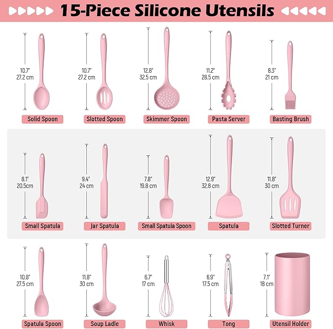 Homikit 15-Piece Kitchen Utensil Set, Silicone Cooking Utensils Spatula Set with Holder for Nonstick Cookware, Heat Resistant Kitchen Tools Gadgets for Cooking and Baking-Pink