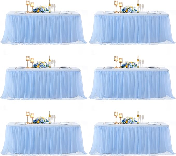 6 Pack 6ft Baby Blue Tulle Tablecloths for Rectangle Tables 72 x 30 Inch Rectangular Table Cloth Wrinkle Free Table Cover with Tutu Skirt for Baby Shower Birthday Party Banquet Buffet Cake Decorations