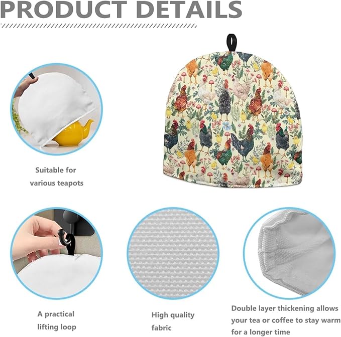 Rooster Print ﻿Insulated Tea Pot Cosies Tea Kettle Quilt Keeping Warm Dust Proof Teapot Cover for Home Kitchen Tea Party Decorative Accessories