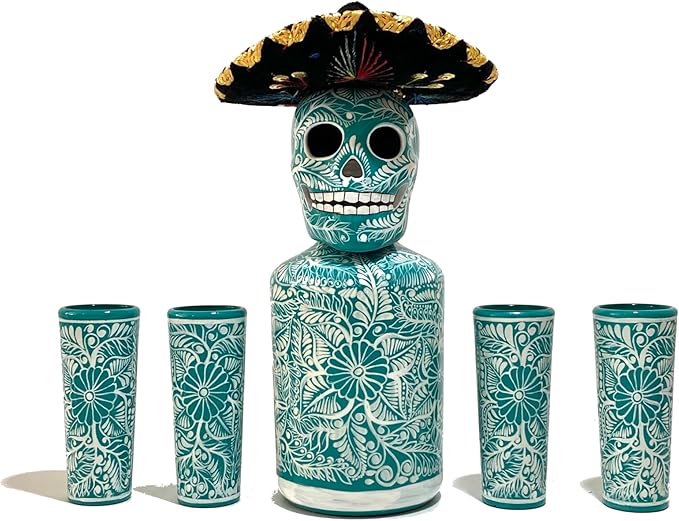 Tequila Decanter Set, Liquor Decanter with Shot Glasses and Mexican Sombrero, Hand-painted Decanter, Skull Decanter, Bar Decoration, Unique Tequila Gift, Gift For Dad (Turquoise Charro Set)