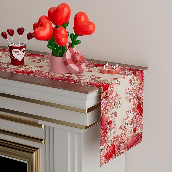 XCHI Wild Flowers Love Hearts Valentine’s Day Table Runner Table Decoration for Party Home Kitchen Dining Holiday Decor 13x90 Inch