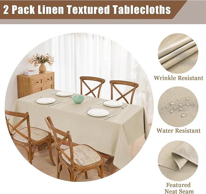 Faux Linen Tablecloths for Rectangle Tables, 2 Pack Burlap Textured Table Cloths Washable Farmhouse Table Cover Water Resistant for Dining, Wedding, Outdoor(Beige, 60"×120")