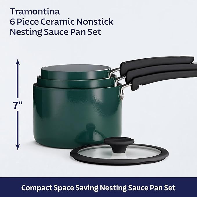 Tramontina Ceramic Non Stick 6-Piece Nesting Sauce Pan Set with Lids - Stackable Nonstick Cookware Set, Dishwasher and Oven Safe, Teal