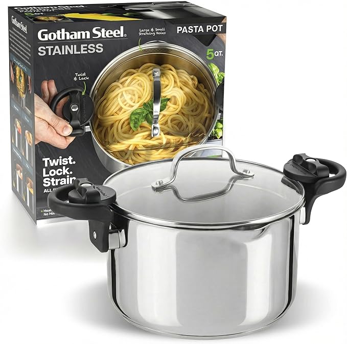 GOTHAM STEEL 5 Qt Stainless Steel Stock Pot Multipurpose Pasta Pot with Strainer Lid & Twist and Lock Handles, for Soup, Spaghetti, Rice, Induction Ready, Dishwasher Safe