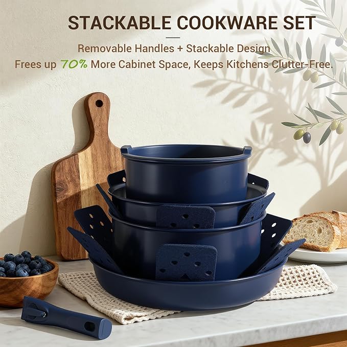 Ammeloo 18-Piece Ceramic Pots and Pans Set Non Stick, Non Toxic Cookware Set with Removable Handles, Pot Sets for Cooking, Induction Ready, Dishwasher & Oven Safe, PFAS PFOA & PTFE Free