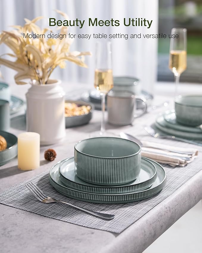 Famiware Star Dinnerware Set with Mugs, Service for 6 (24 Pieces), Ribbed Stoneware Plates and Bowls Dishes Sets - Chip & Scratch Resistant, Microwave & Dishwasher Safe, Smoky Blue
