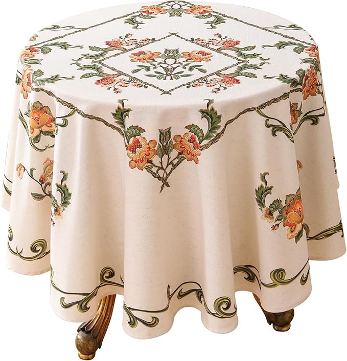 patdrea Designer Vintage Linen Round Tablecloth,French Floral Tablecloths,Wrinkle Free Table Cloth,Decorative Table Cover Cloth for Kitchen,Dining,Tea Party,Home,Christmas,Diameter 55"