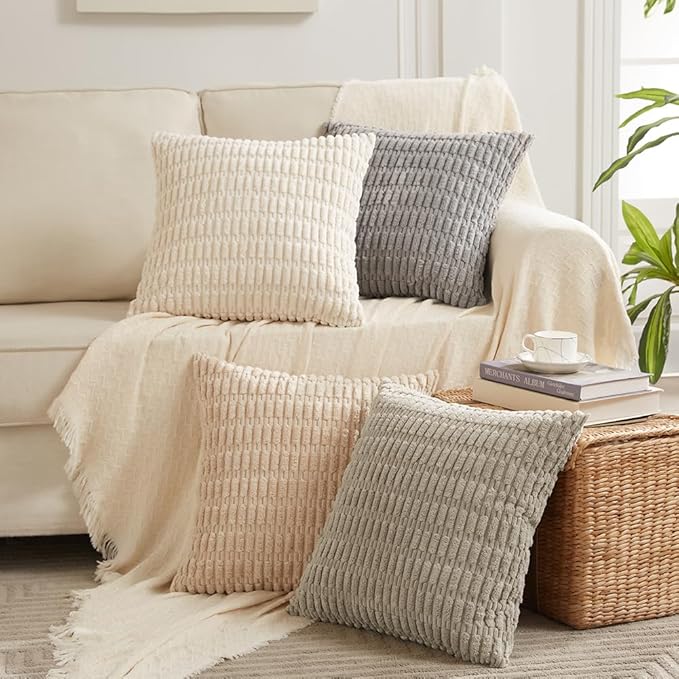 Fancy Homi 4 Packs Grey Decorative Throw Pillow Covers 16x16 Inch for Living Room Couch Bed, Rustic Modern Farmhouse Boho Home Decor, Soft Plush Corduroy Gray Cute Square Accent Cushion Case 40x40 cm