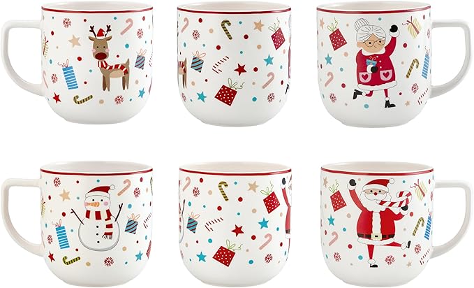 Bico Christmas Merry Crew Ceramic Mug Set of 4, Christmas Coffee Mugs, 19oz Holiday Cups for Tea, Cocoa, or Hot Drinks, Microwave & Dishwasher Safe