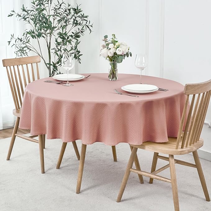 maxmill Round Weaved Texture Design Tablecloth Spill-Proof Wrinkle Free Soft Washable Table Cloth for Circular Table Cover, for Dining Room Banquet Parties Holiday Dinner, 70 Inch Pale Blush