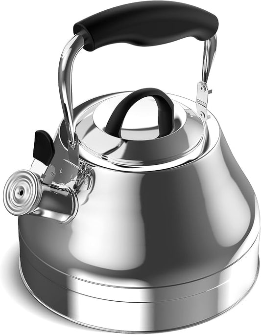 Stovetop Whistling Tea Kettle – 2.4 QT Stainless Steel Teapot with Ergonomic Handle, Fast Heating for Gas, Electric & Induction Stoves – Shiny Finish, Silver