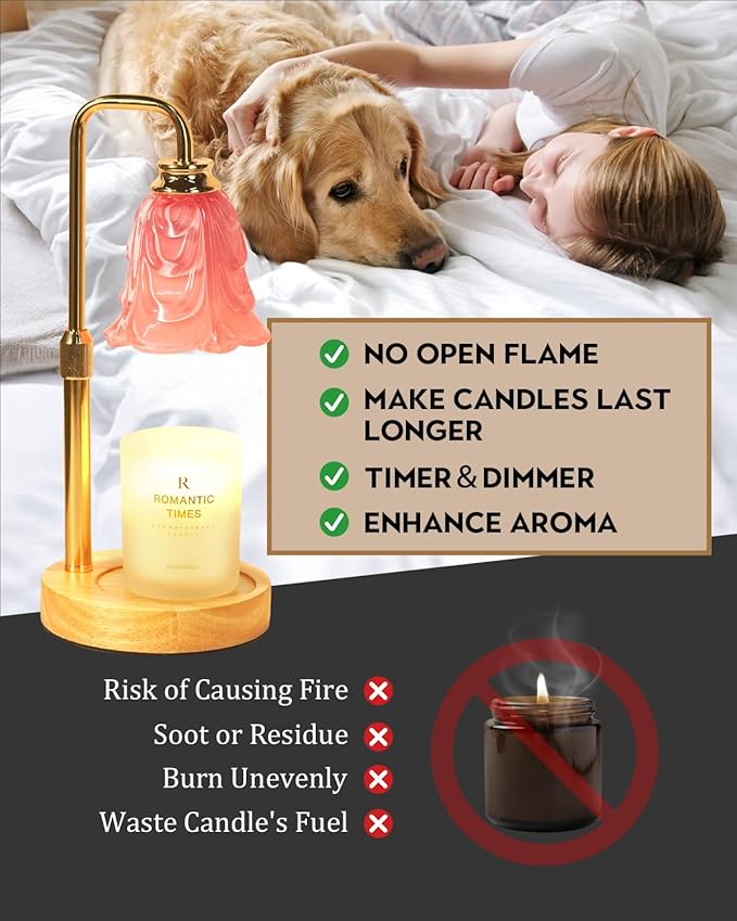 Small Candle Warmer Lamp with Timer, Adjustable Pink Flower Candle Heat Lamp, Unique Women's Gifts for Birthday, Dimmable Candles Heater, Valentines Gifts, Fashion Wax Warming Light with Wood Base