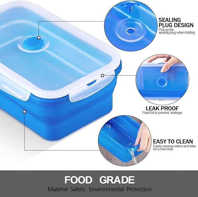 Zopeal 8 Pcs Collapsible Food Storage Containers Foldable Silicone Lunch Containers with Lids 4 Silicone Rectangle Collapsible Bowls and 4 Round Food Bowls Microwave Freezer Dishwasher Safe (Colorful)