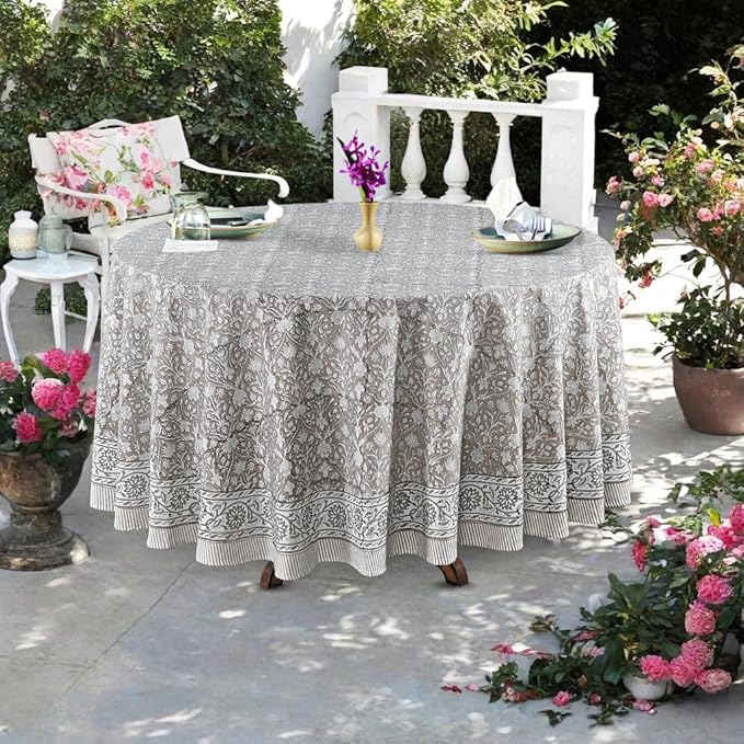 Ridhi Block Print Round Taupe Reusable Tablecloth 100% Cotton 120" Inch Decorative Table Cover eveyday Dining, Home, Party, Wedding, Farmhouse Gift for Spring, Easter, Valentine