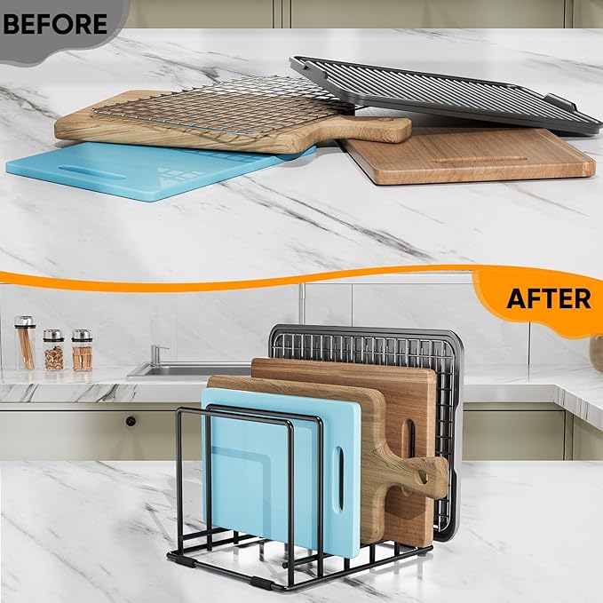 Baking Sheet Organizer Rack – 5-Slot Bakeware & Cookie Tray Holder for Kitchen Cabinet or Countertop, Stainless Steel Cutting Board Rack with Rust-Resistant Frame & Anti-Slip Feet