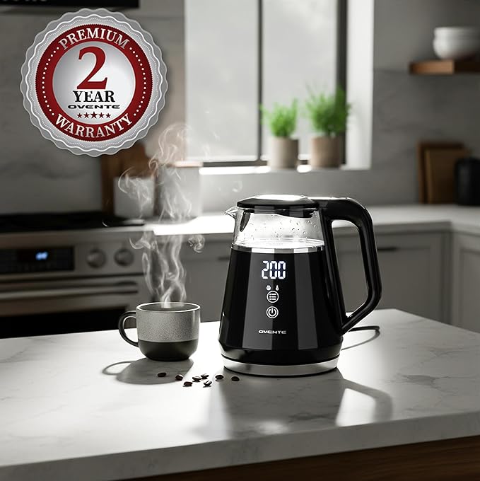 OVENTE 1L Small Electric Kettle with 5 Temperature Preset, Digital Display, 5Hr Keep Warm, Auto Shut-Off, Double-Wall Cool Touch Exterior, Borosilicate Glass,1500W BPA Free Water Boiler, Black KD95B