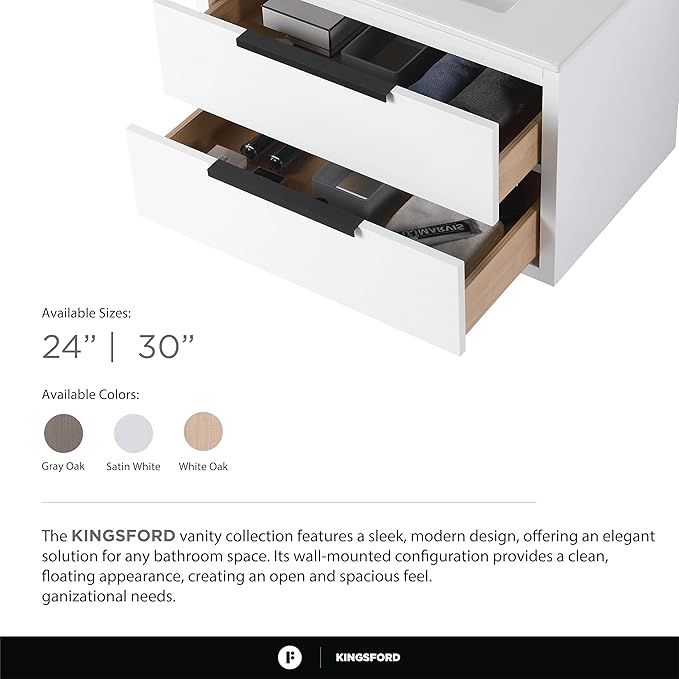 Fine Fixtures Kingsford Modern 30 Inch Bathroom Vanity with Sink, White Finish, Elegant Bathroom Vanities for Modern Homes, Stylish Storage Solutions for Bathrooms