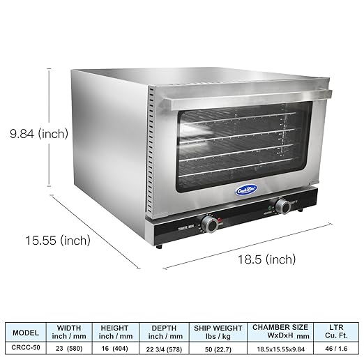 Atosa CookRite CTCO-50 Countertop Electric Convection Oven for Hotel Diner Baking | 16 1/2"H x 23"W x 23 3/10"D | Stainless Steel, Manual Control, 120V, 1550W | (Includes: Water Line Connection Kit)