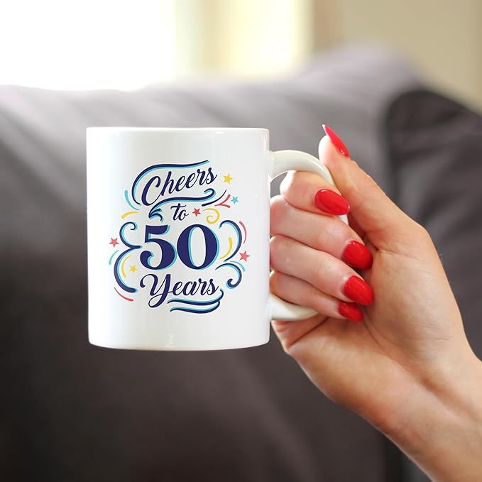Bevvee Cheers to 50 Years - Coffee Mug Gifts for Women & Men - 50th Anniversary Party Decor - 11oz White Ceramic Mug