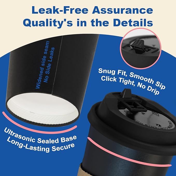 20 oz 500 Pack Coffee Cups with Lids and Sleeves, Straws, Hot Disposable To Go Travel Paper Cups Bulk for Office, Home Coffee Bar Accessories, Chocolate, Cocoa, Beverage (Black)