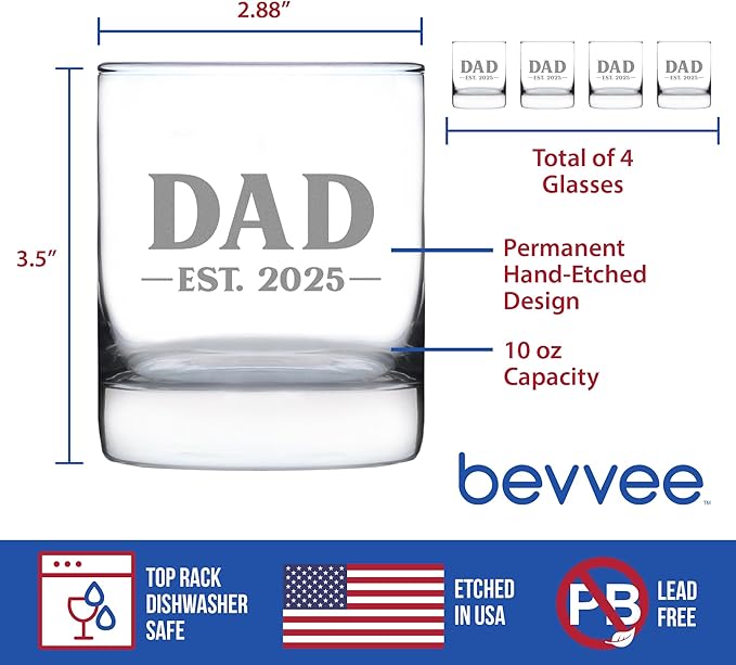 Bevvee Dad Est 2025 - New Father Whiskey Rocks Glass Gift for First Time Parents - Set of 4 - Bold 10.25 Oz Glasses