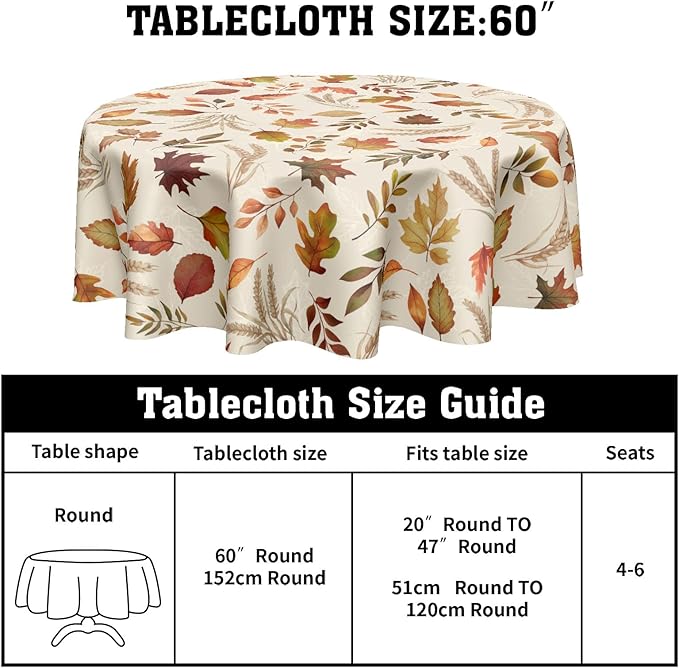 Autumn Leaves Round Tablecloth 60 Inch Fall Thanksgiving Harvest Maple Leaf Table Cloth Rustic Farmhouse Table Cover for Kitchen Dinner Home Decor