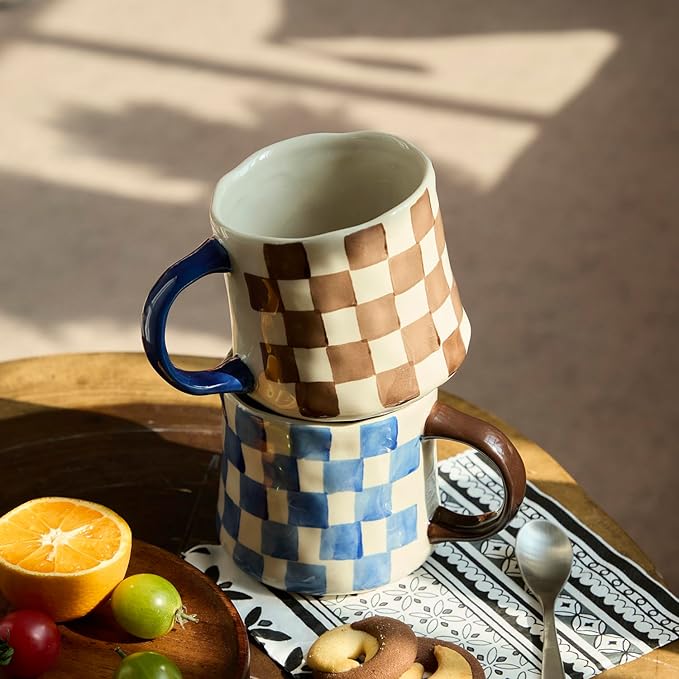 Retro Checkered Ceramic Coffee Mug 16Oz - Extra Large Handle, Microwave Safe Vintage Patterned Tea Cup for Home, Office Brown and White Checkered Pattern, Blue Handle