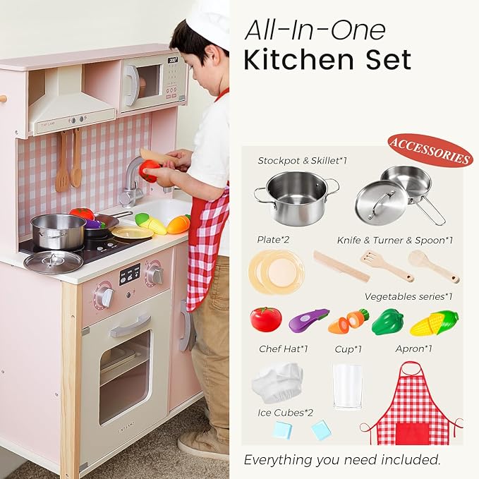 Tiny Land Kids Kitchen Playset, Height Adjustable Wooden Play Kitchen Set w/Real Lights & Sounds, 18 Pcs Toy Food & Cookware Accessories, Ideal Role Play Toy Gift for Toddlers Girls Ages 3-8, Pink