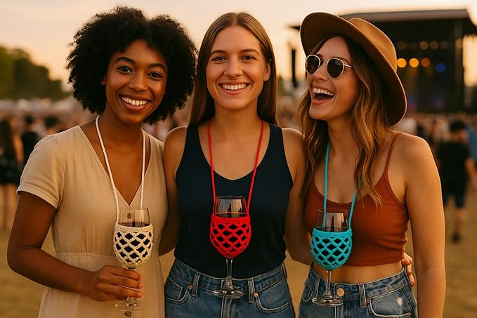 2 Pack Crochet Wine Glass Lanyard Holder for Wine Festival Lovers Gifts (Black-Wheat)