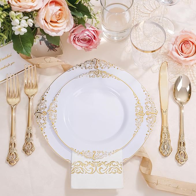 YOUBET 700PCS Gold Plastic Dinnerware Set - White and Gold Disposable Plates for 100 Guest - 200 Disposable Plates, 300 Heavy Duty Plastic Silverware, 100 Cups,100 Napkins for Wedding