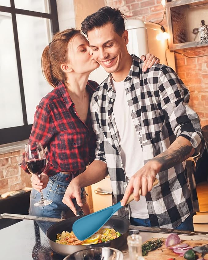 Multifunction Spoon for Nonstick Cookwares, Great for Cooking and Serving, Sturdy BPA-Free Matte Silicone, Wood Handle spoonula for Mixing, Scoop, and Scrape, Turquoise(2 pack,11.4" & 13.4")