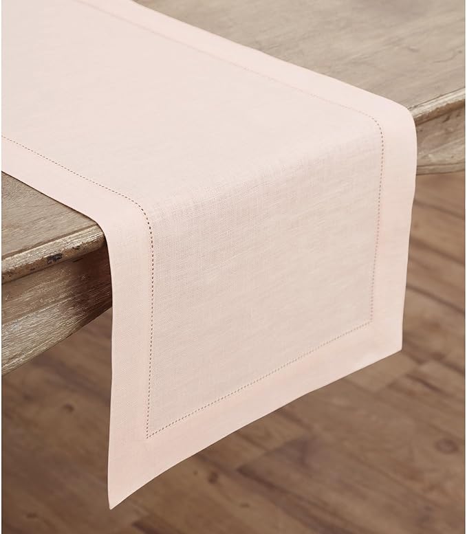 Solino Home Linen Pink Table Runner 36 Inches - Classic Hemstitch, 100% Pure Linen Coffee Table Runner 14 x 36 Inch Ideal for Dresser Tables - Valentines, Spring, Easter