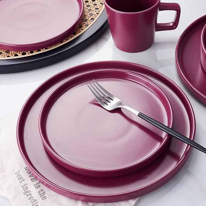 Stone Lain Cleo Stoneware 16-Piece Modern Dinnerware Set, Plates and Bowls, Magenta, Service for 4, Microwave & Dishwasher Safe