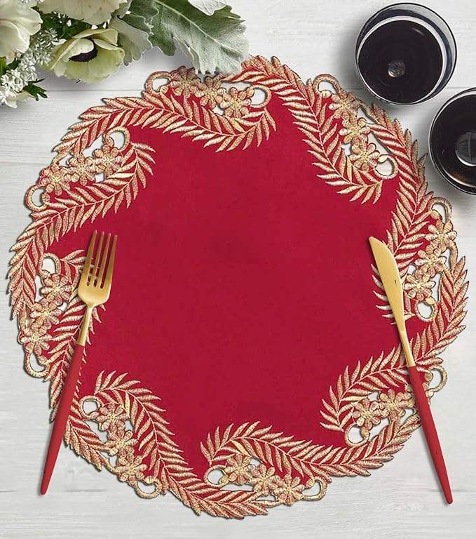 Decozen Set of 4 Doilies for Table, Lace Doilies Rustic Farmhouse Kitchen Dining Table Centerpiece Decor, 15 Inch Gold Burgundy Round Placemats for Home, Valentines Day Gifts, Valentines placemats