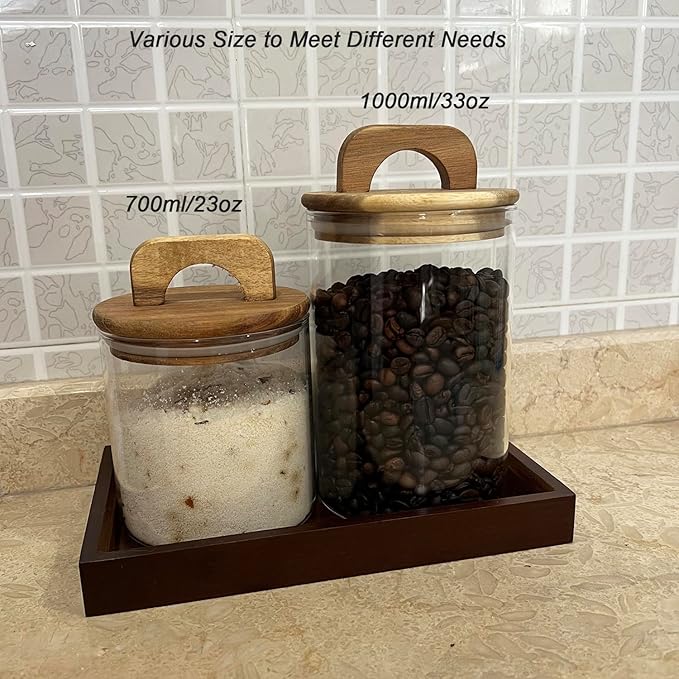 Glass Storage Jars with Airtight Brown Acacia Wooden Lid 23oz 2Pack with Vanity Tray,Kitchen Canisters for Foods with Wood Handle,Containers for Bathroom Decor
