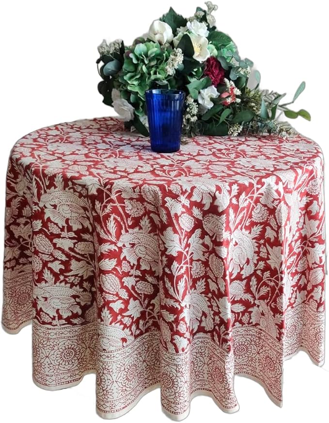 ATOSII Meraki Red 100% Cotton Round Tablecloth, Handblock Print Floral Table Cloth for Kitchen Dining Linen I Parties, Weddings, Outdoors I 72" Inches Round