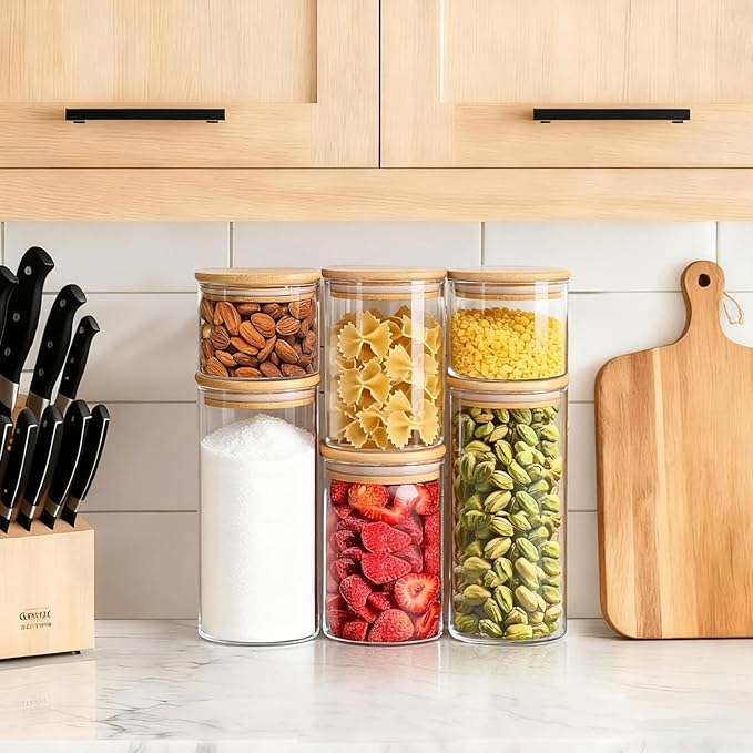 ComSaf Glass Storage Containers with Lids (0.6qt/1qt/1.5qt) Set of 6,Glass Pantry Storage Containers with Airtight Lid & lables for Dry Food, Snacks, Nuts, Stackable for Kitchen, Pantry Organization