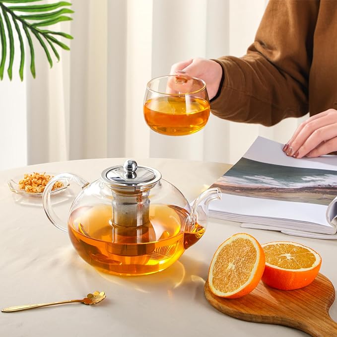50OZ/1500ML Glass Teapot with Stainless Steel Removable Infuser & Lid, Stovetop & Microwave Safe Clear Borosilicate Glass Tea Maker Water Kettle for Loose Leaf Blooming Tea