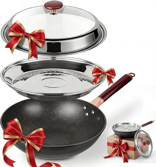 13.07-Inch Carbon Steel Wok Pan with Lid: Woks & Stir-Fry Pans Nonstick with Steamer for Cooking Pan Set, Large Deep Chinese Frying Saute Pan Wok Skillet, Induction Compatible, Stay-Cool Handle, Gifts
