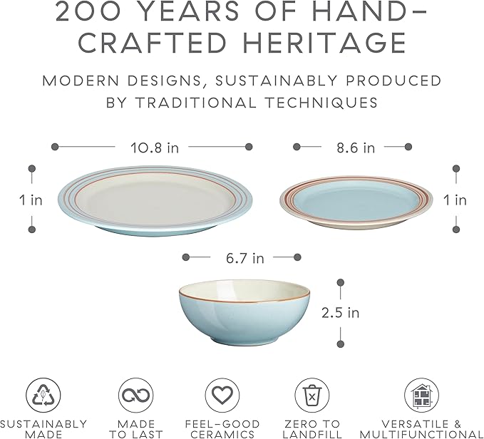 Denby - Heritage Pavilion Blue Dinner Set For 4-12 Piece (Dinner, Salad Plate, Cereal Bowl) Dinnerware Set, One size - Dishwasher Microwave Oven Safe - Scratch Chip Resistant