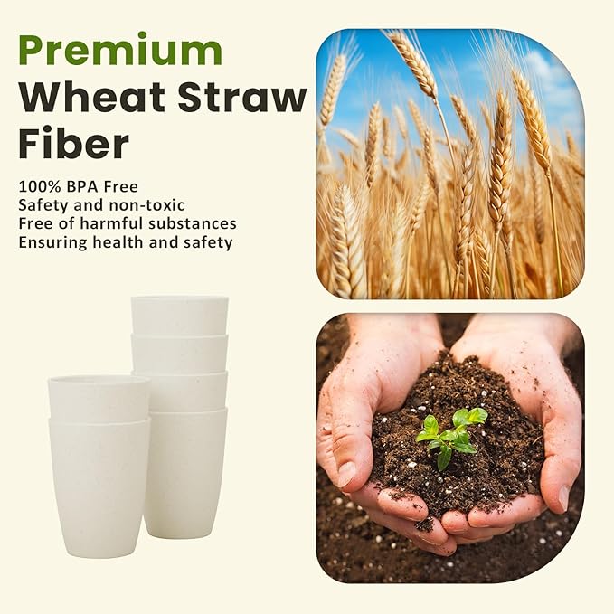 Homienly Wheat Straw Cups 12oz Unbreakable & Easy to Clean Cups Reusable Outdoor Drinking Cups for Travel,Camping,Picnic, Refrigerator and Dishwasher Safe Stackable Water Tumblers- White