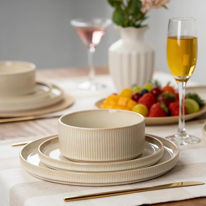 Stoneware Dinnerware Sets, Plates and Bowls Sets for 4, 12-Piece Ribbed Dishes – Chip & Scratch Resistant, Microwave and Dishwasher Safe Tableware, Beige